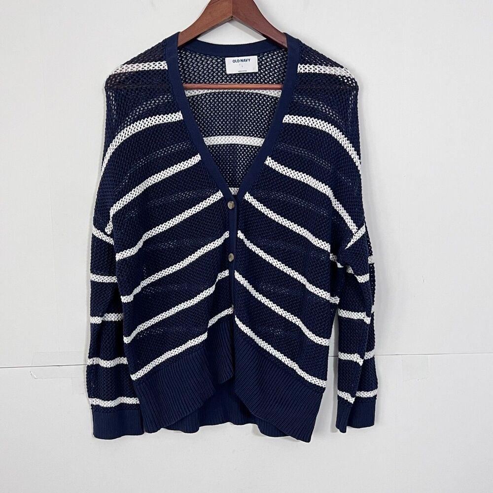 Old Navy Womens Open Knit Cardigan Sweater Size L Blue Striped Button Up